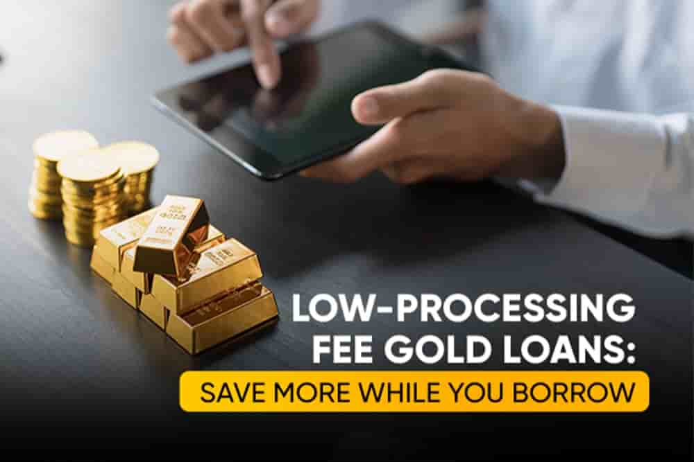 Gold bars and coins with a person using a tablet, highlighting low-processing fee gold loans in India