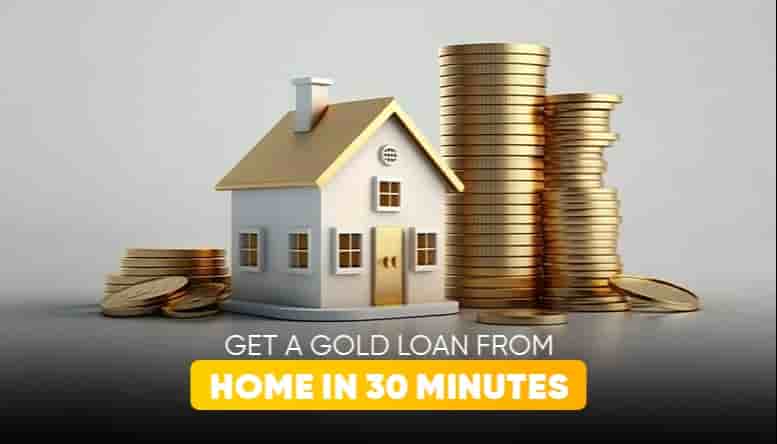 Miniature house model beside stacks of gold coins symbolizing quick gold loan approval from home in India