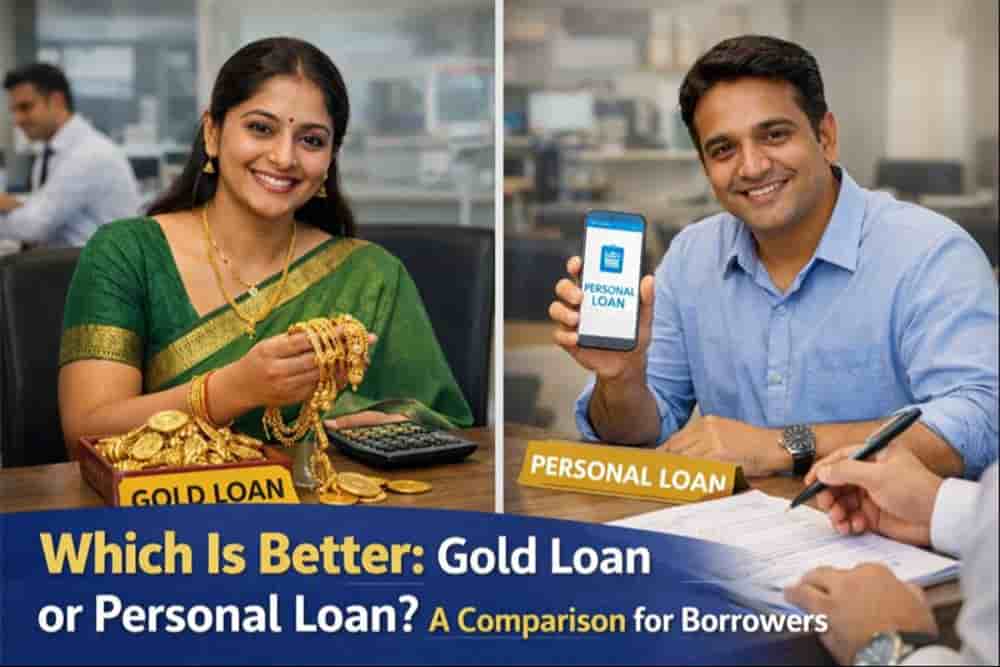 Side-by-side visual of a borrower pledging gold jewellery for a gold loan and another borrower applying for a personal loan, showing a comparison between gold loan or personal loan options for Indian borrowers.