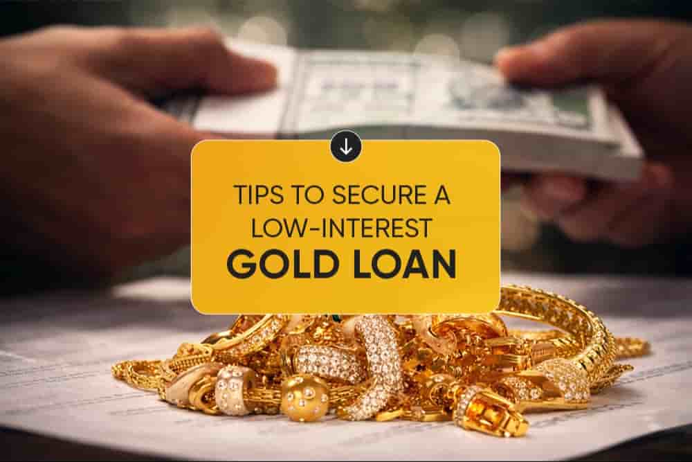 Gold jewelry on table with cash exchange in background, illustrating tips to secure a low-interest gold loan using gold as collateral