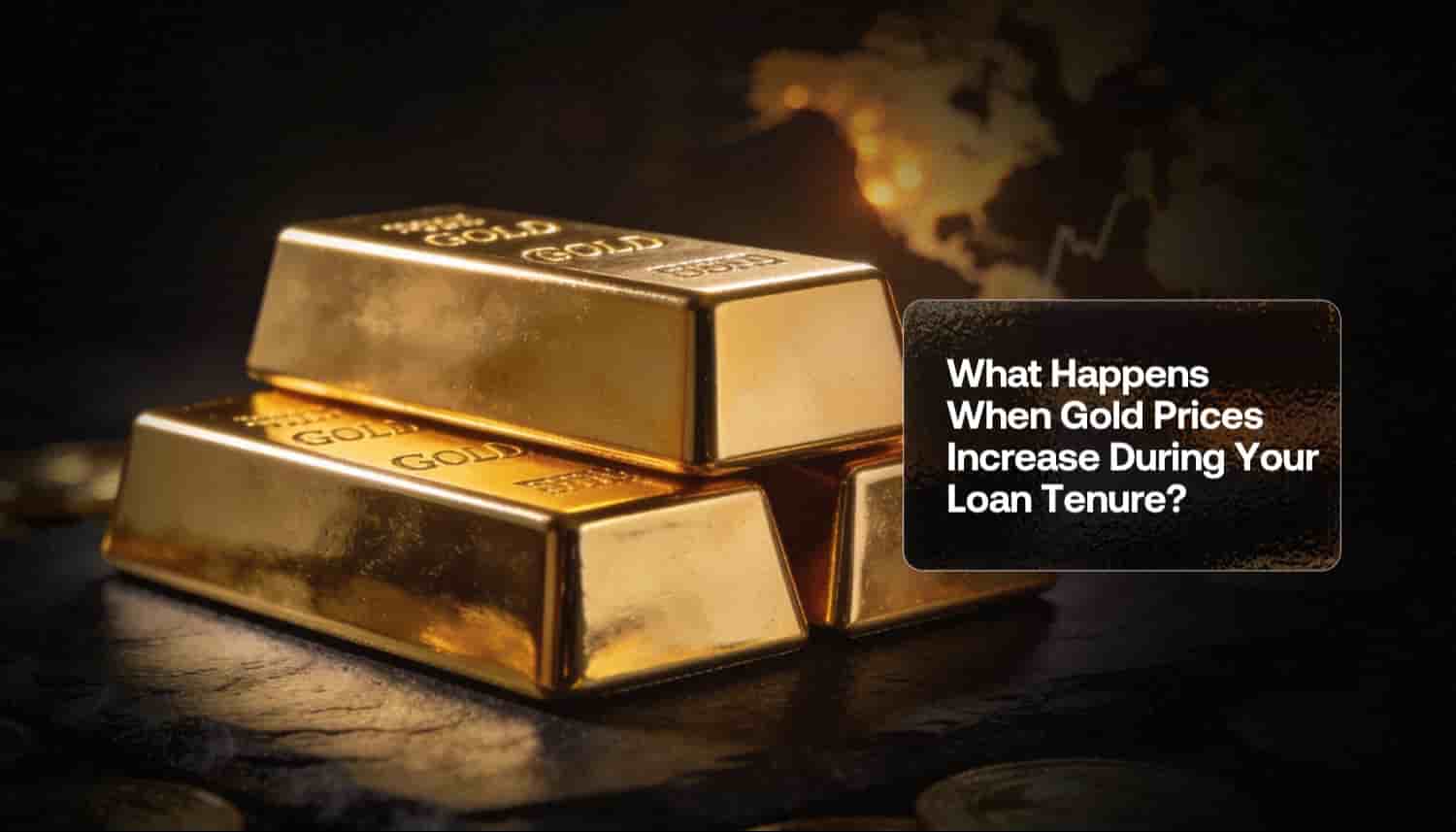 Stacked gold bars with financial market background, illustrating what happens when gold prices rise during a loan tenure and how it impacts gold loan value and repayment options.