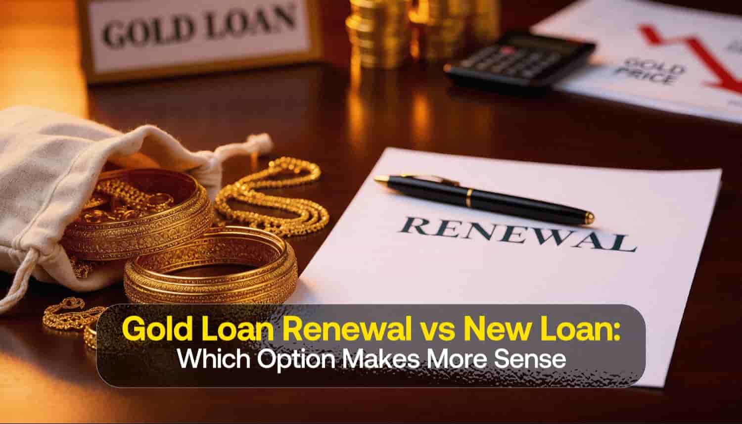 Gold jewellery and loan documents representing the choice between gold loan renewal and taking a new gold loan