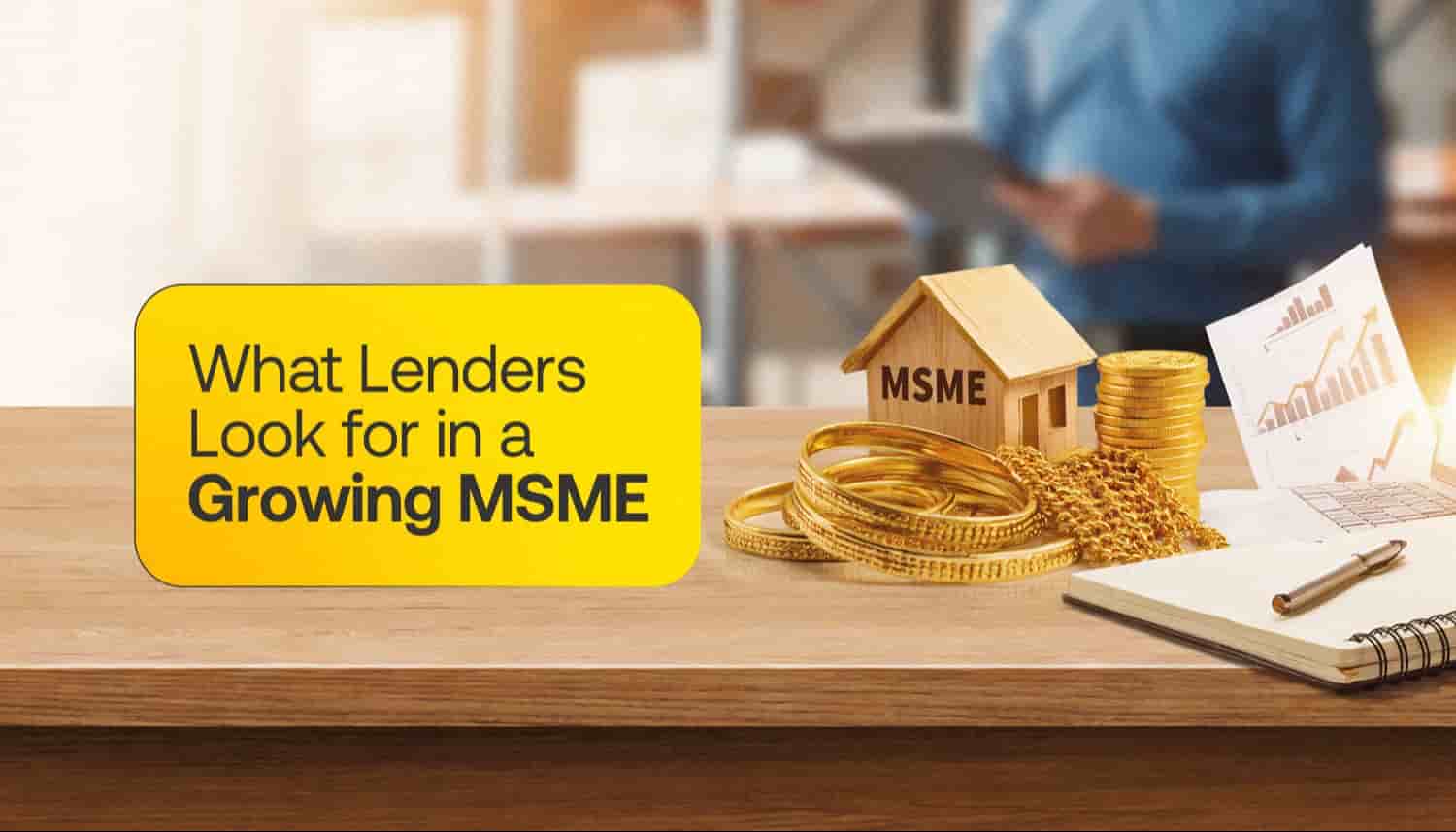 Gold jewellery, MSME business model, financial documents, and growth charts representing factors lenders consider when assessing an MSME loan
