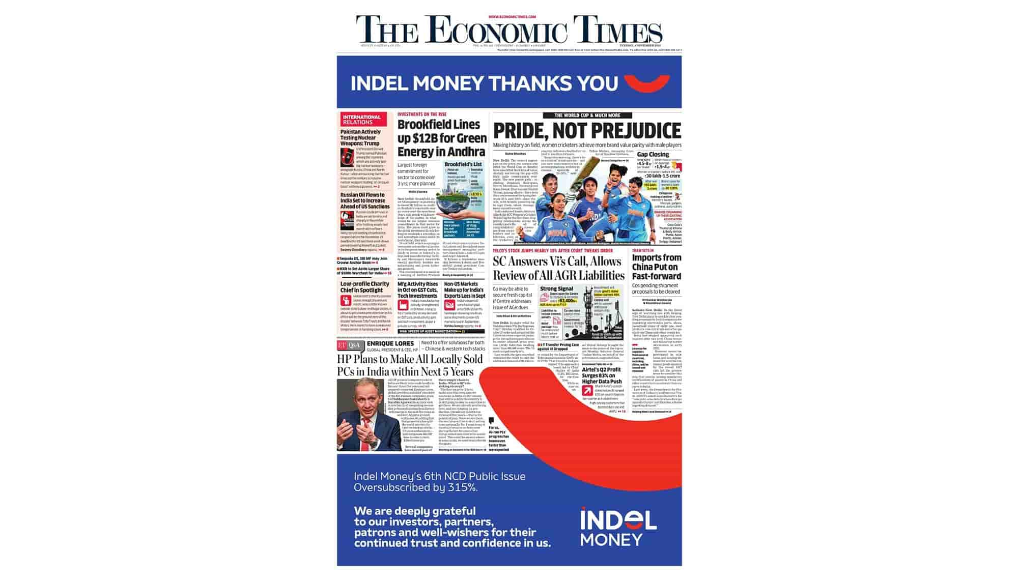 Economic Times page showing Indel Money announcement on the oversubscribed 6th NCD issue.