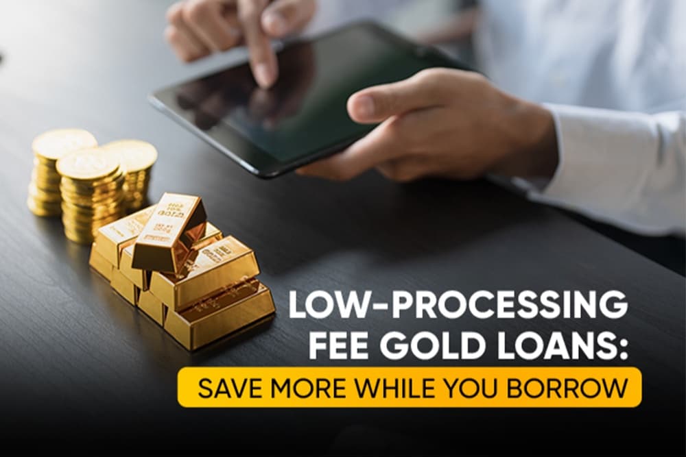 Gold bars and coins with a person using a tablet, highlighting low-processing fee gold loans in India