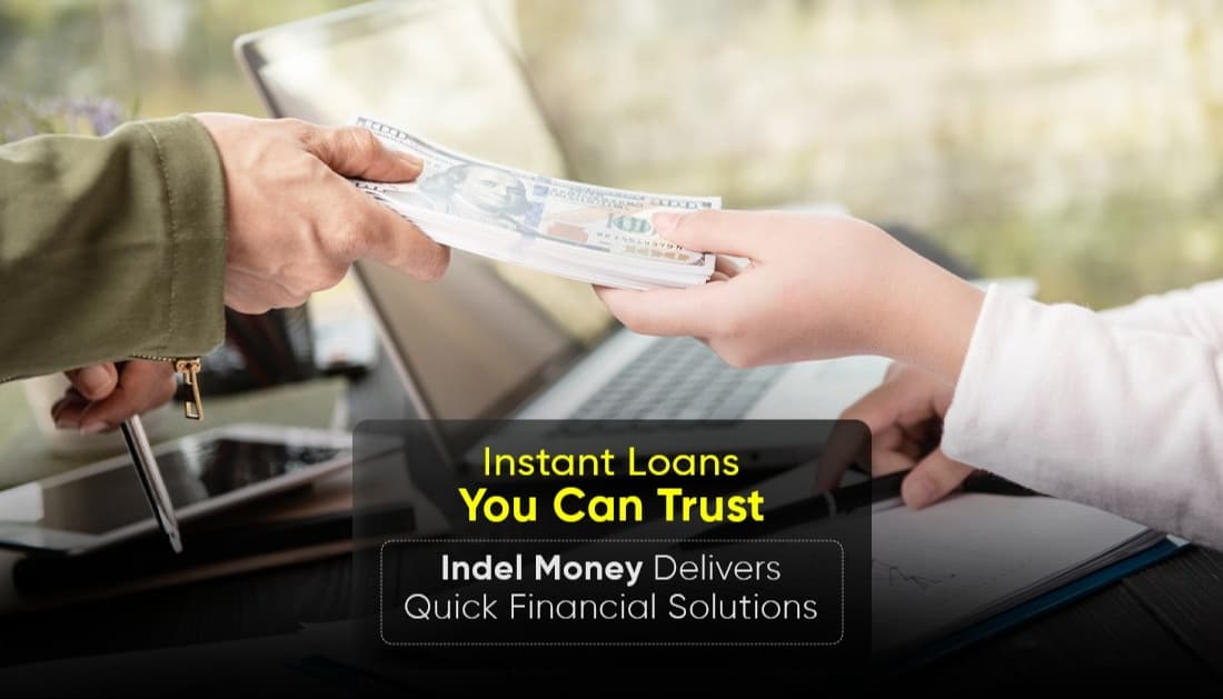 A person handing over cash to another person in an office setting, representing Indel Money’s quick and reliable instant loan services designed to provide fast financial solutions in India.