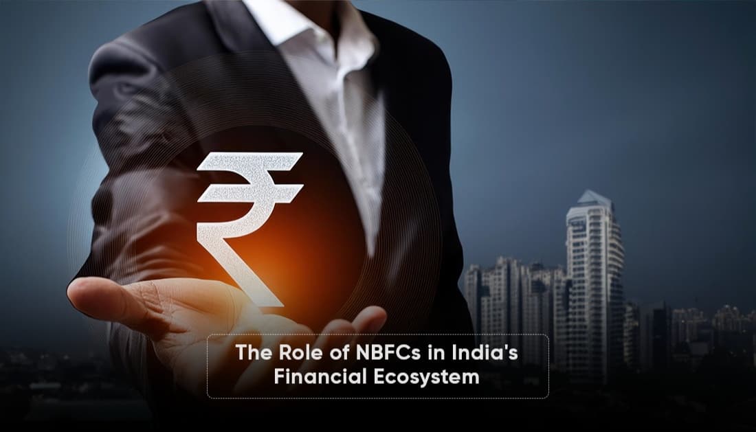 A businessman in a suit holding an illuminated Indian rupee symbol against a city skyline, representing the crucial role of NBFCs in strengthening India’s financial ecosystem and supporting economic growth.