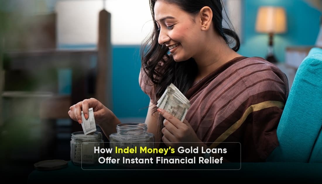 A smiling woman in a saree counting Indian currency notes and placing them in jars, symbolizing financial security through Indel Money’s gold loans that offer instant financial relief.