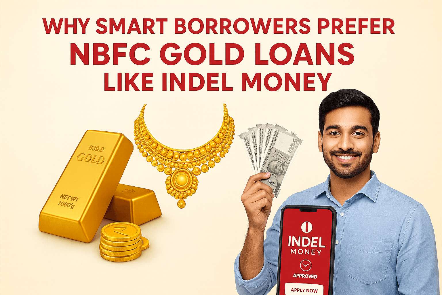 Man holding cash and phone with Indel Money app beside gold items promoting NBFC gold loans.