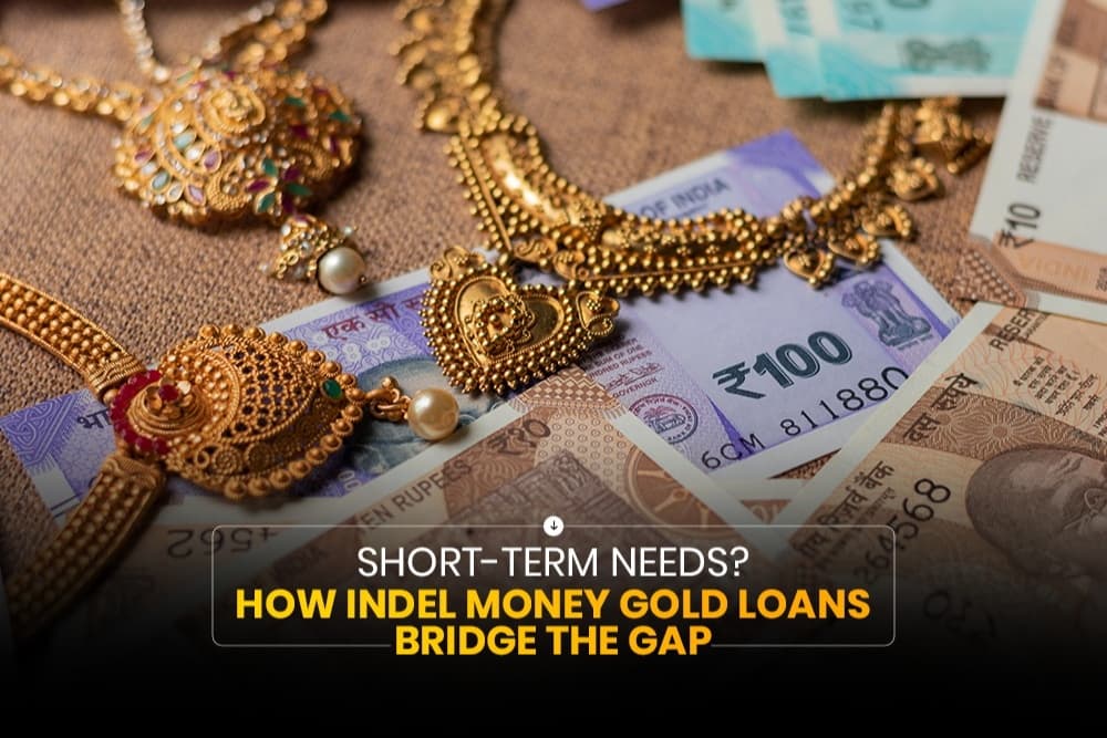 Gold jewellery placed on Indian currency notes, representing a gold loan solution for meeting short-term financial needs.
