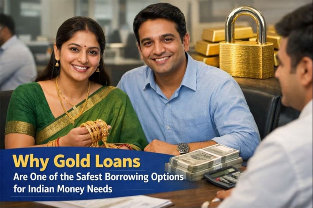 Indian couple applying for a gold loan in India, holding gold jewellery at a financial institution, showcasing gold loans as a safe and secure borrowing option.
