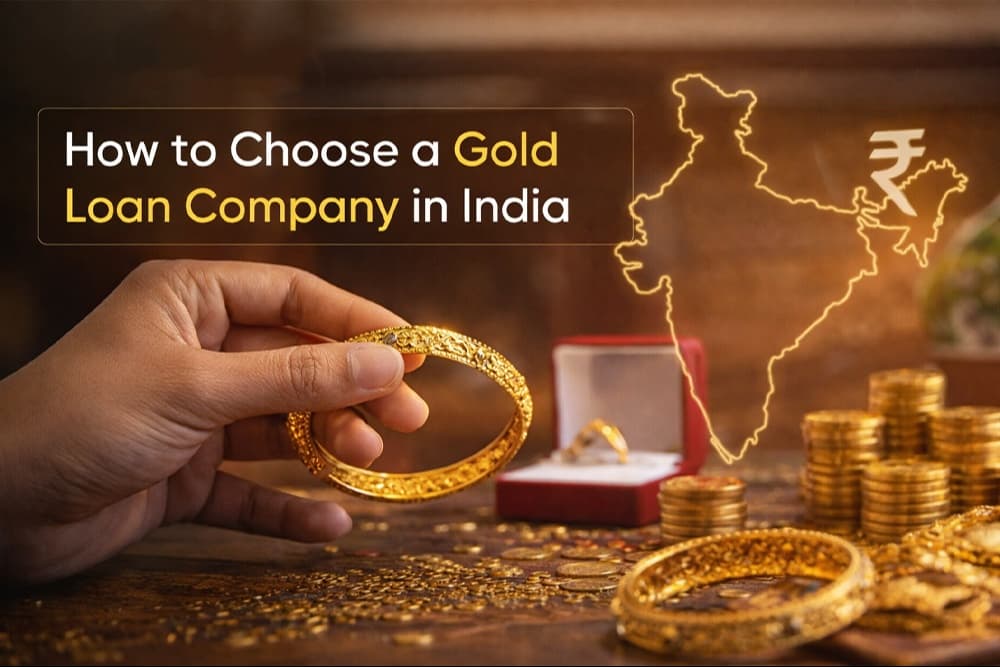 Person holding a gold bangle with coins and India map in background, representing how to choose a trusted gold loan company in India for secure and quick financing.