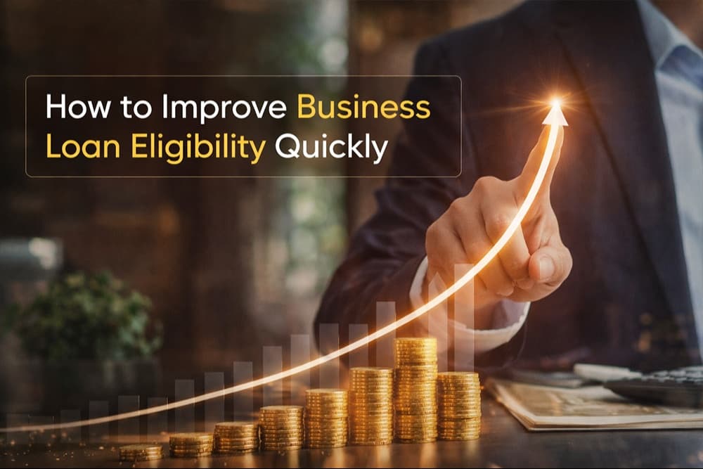 Business professional pointing at rising growth arrow above stacked coins, representing improved business loan eligibility with a trusted loan company in India.