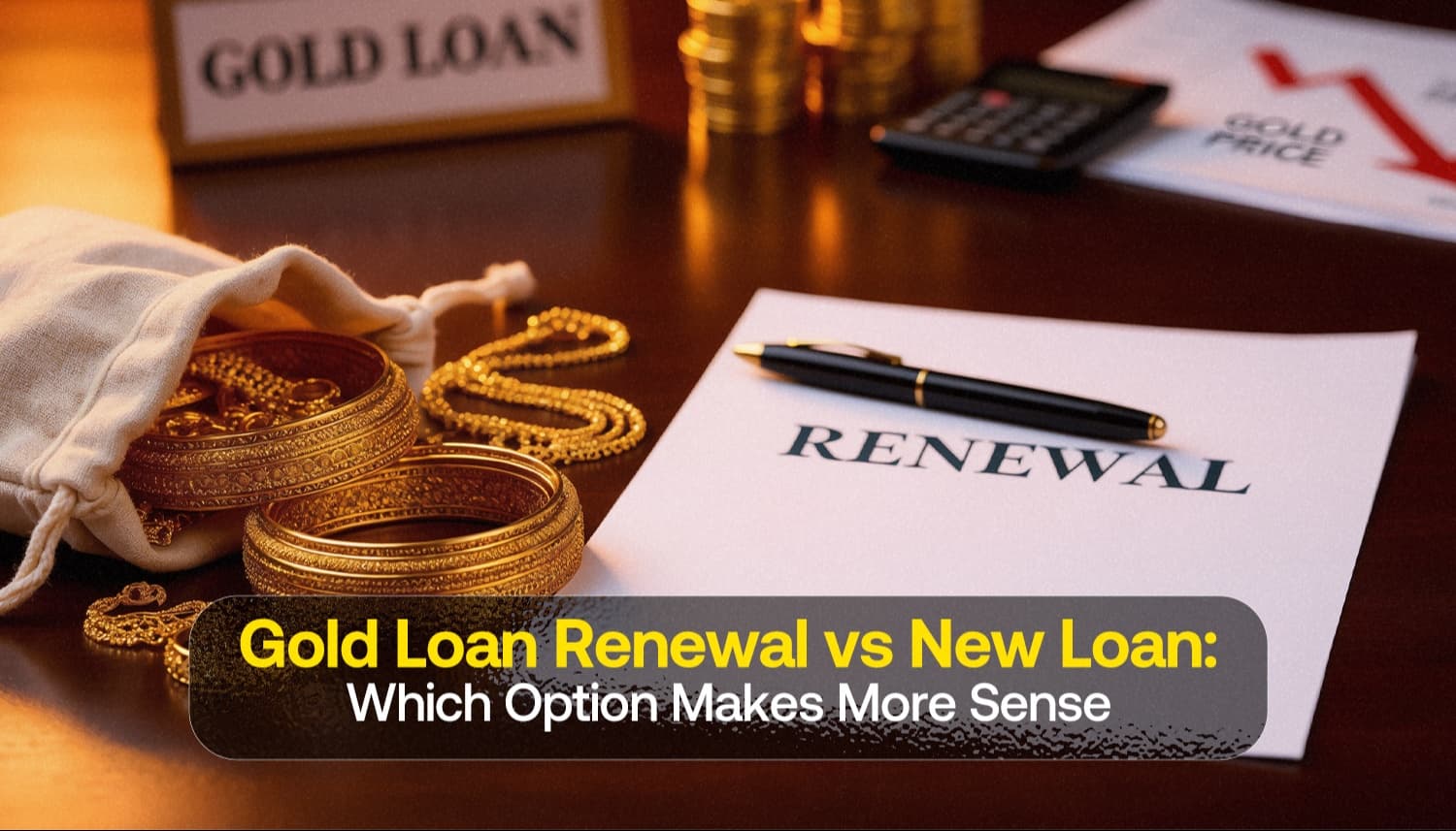 Gold jewellery and loan documents representing the choice between gold loan renewal and taking a new gold loan