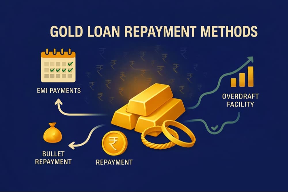 Illustration showing gold loan repayment methods including EMI payments, bullet repayment, and overdraft facility, highlighting how borrowers can choose the most cost-effective gold loan repayment option.