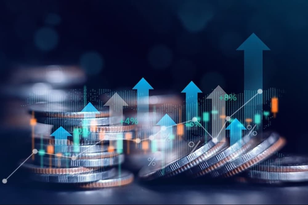Stacked coins with upward arrows and financial growth indicators, representing stronger banks, improved liquidity, and easier access to credit under new economic measures.